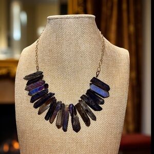 Quartz necklace Blue Purple Gold Necklace - Crystal Quartz Point Nugget GUC